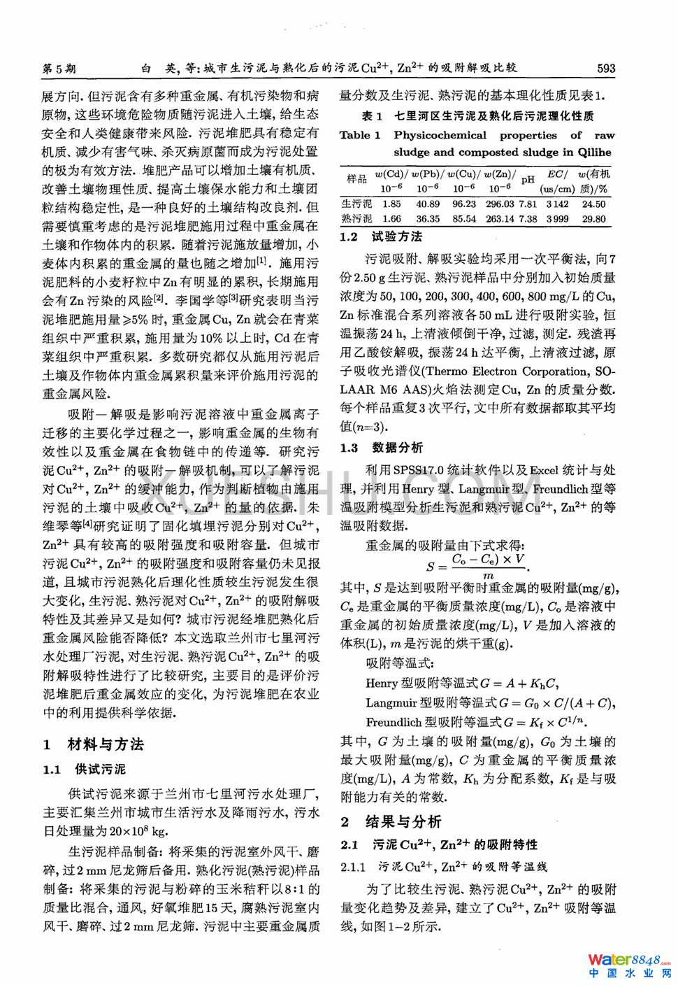 城市生污泥與熟化后的污泥Cu2＋，Zn2＋的吸附解吸比較第1頁